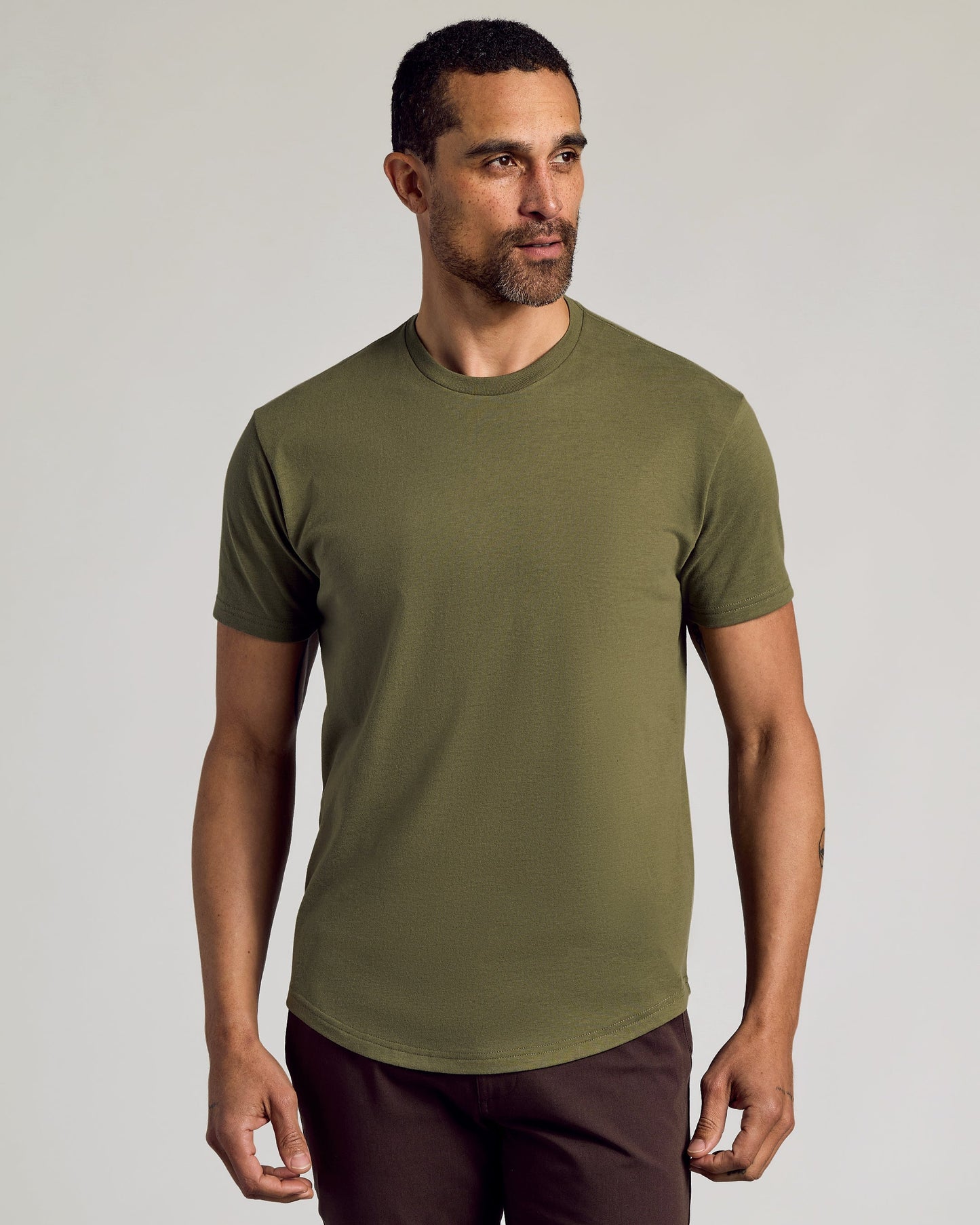 Military Green Curved Hem Classic Crew Neck