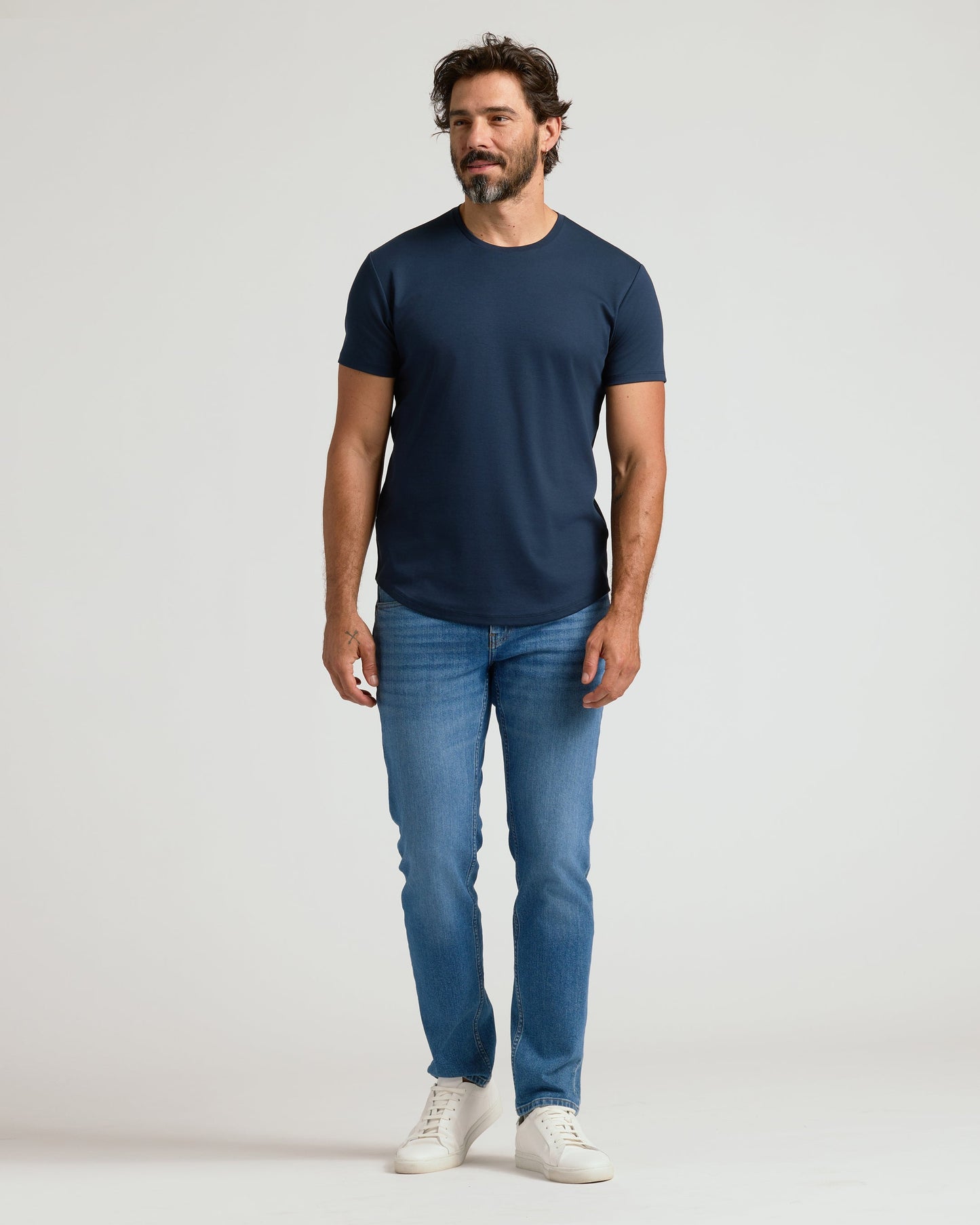 Navy Pima Crew Curved Hem