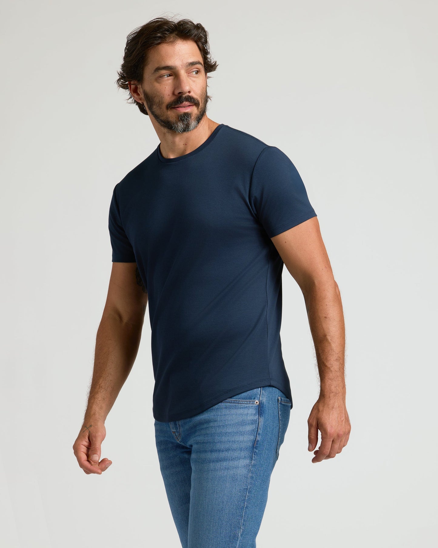 Navy Pima Crew Curved Hem