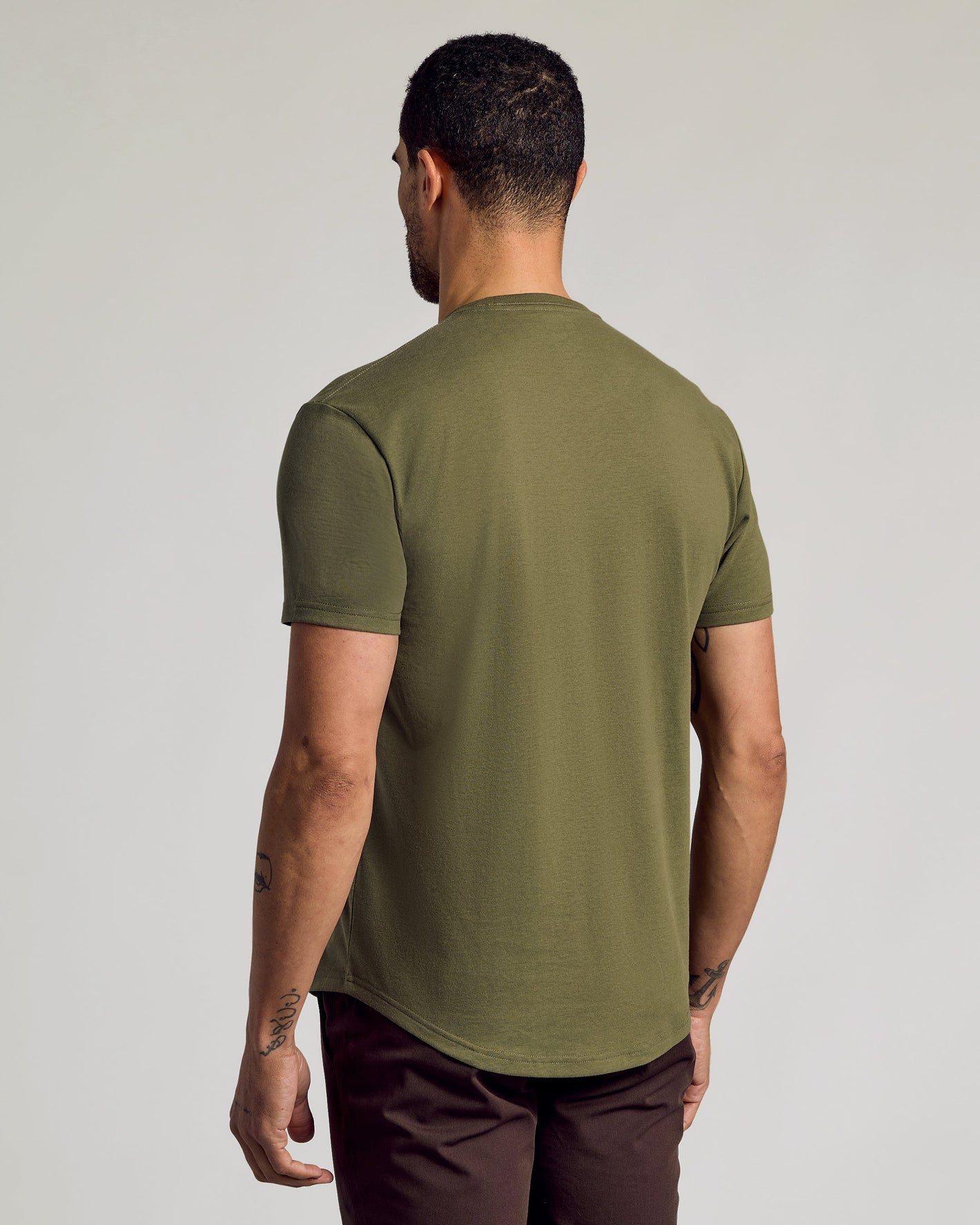 Military Green Curved Hem Classic Crew Neck