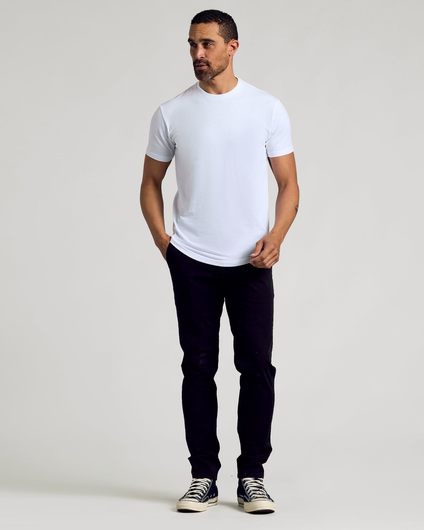 White Curved Hem Classic Crew Neck
