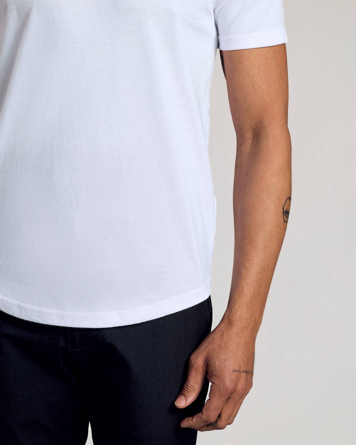 White Curved Hem Classic Crew Neck