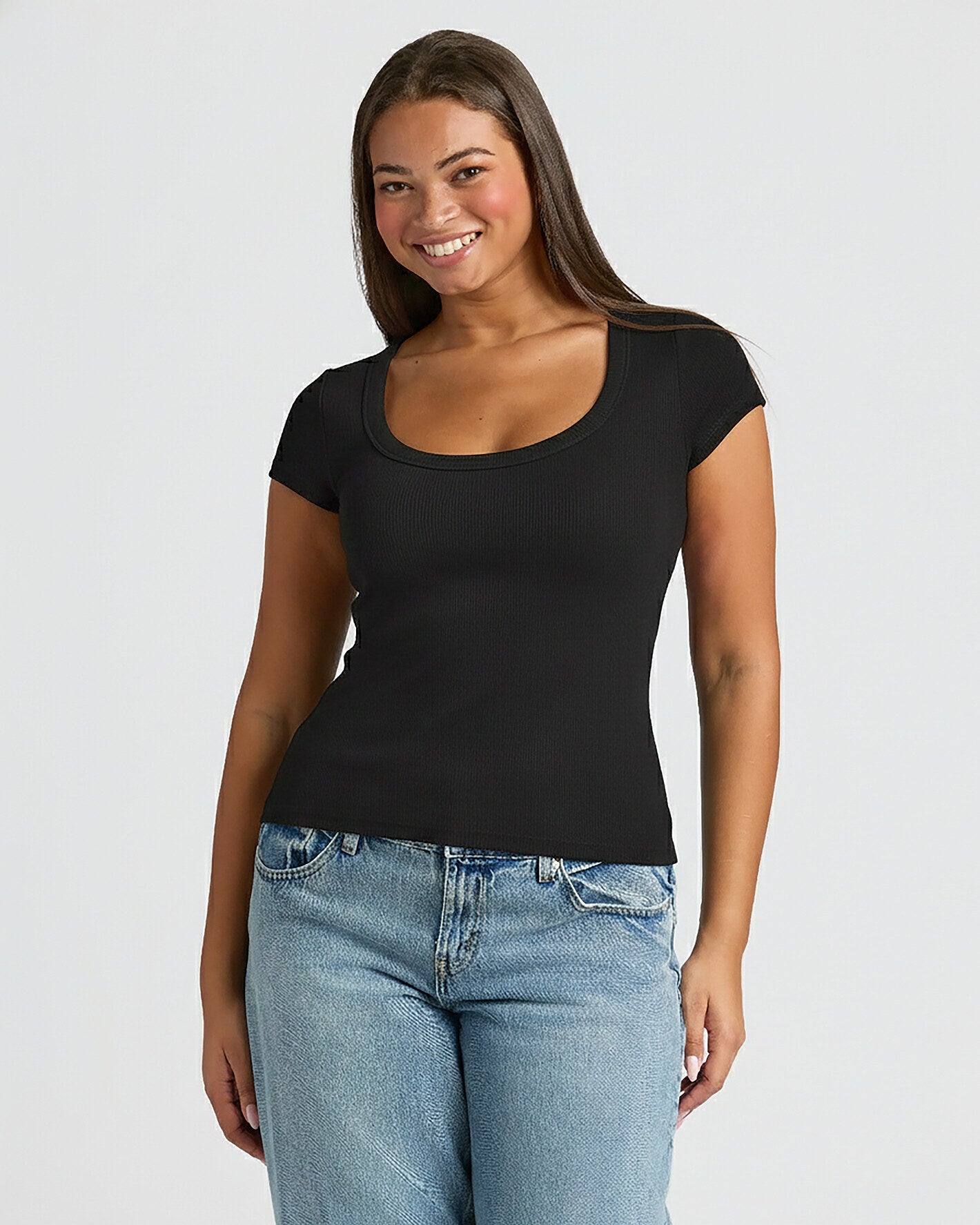 Womens Black Ribbed U-Neck Tee