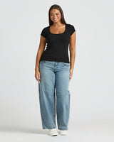 Womens Black Ribbed U-Neck Tee