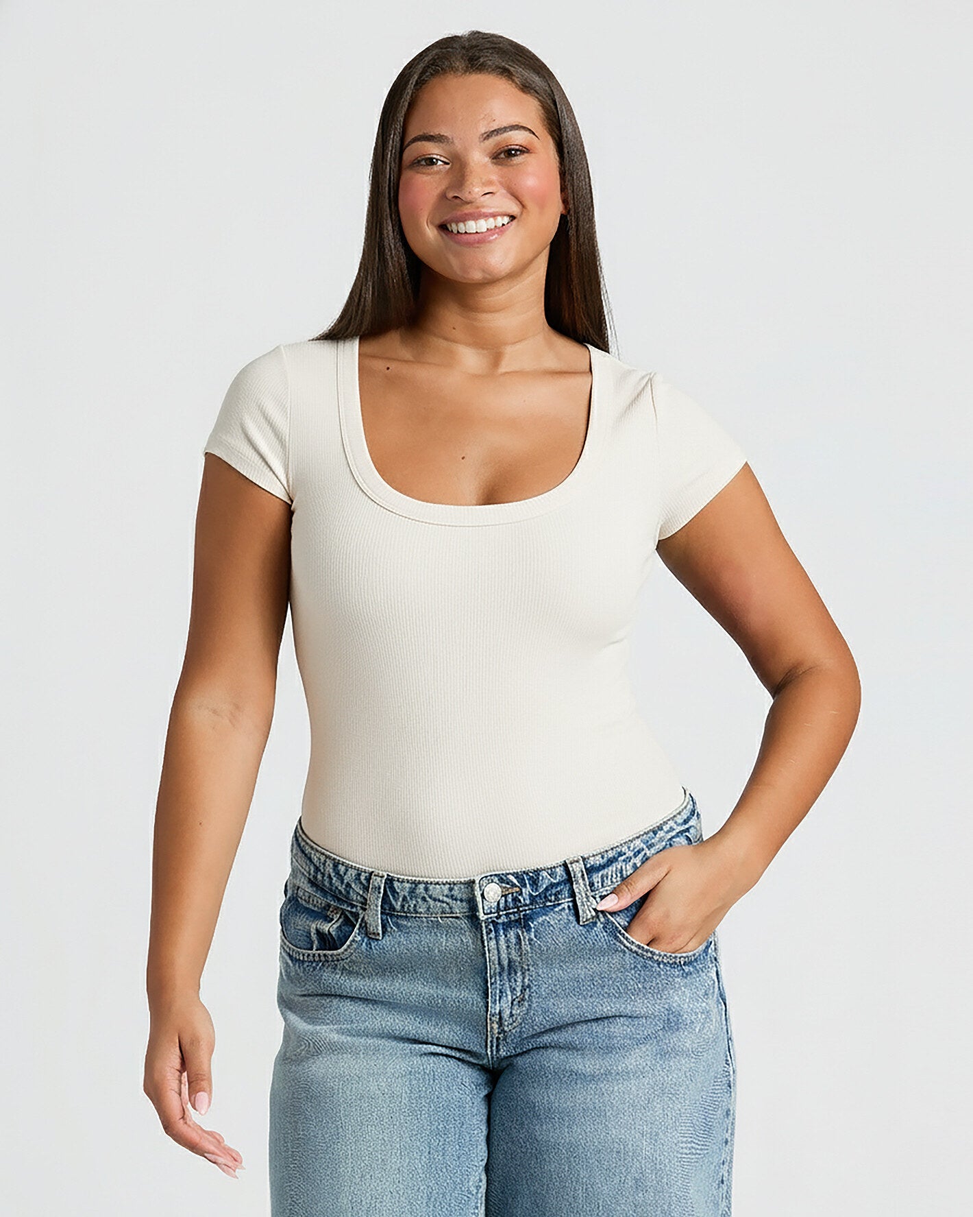 Womens Oatmeal Ribbed U-Neck Tee