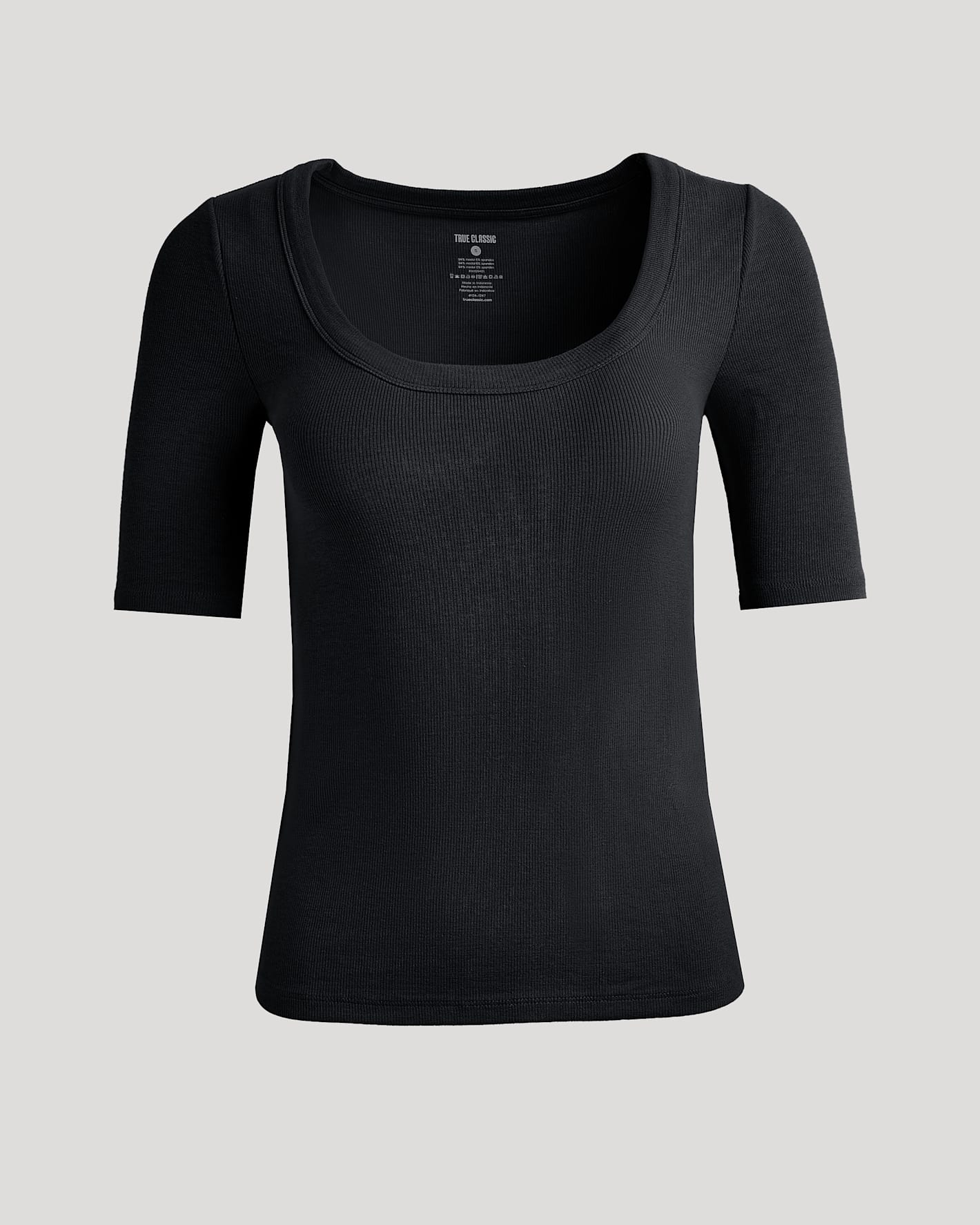 Womens Black Ribbed 3/4 Sleeve Scoop Neck Tee