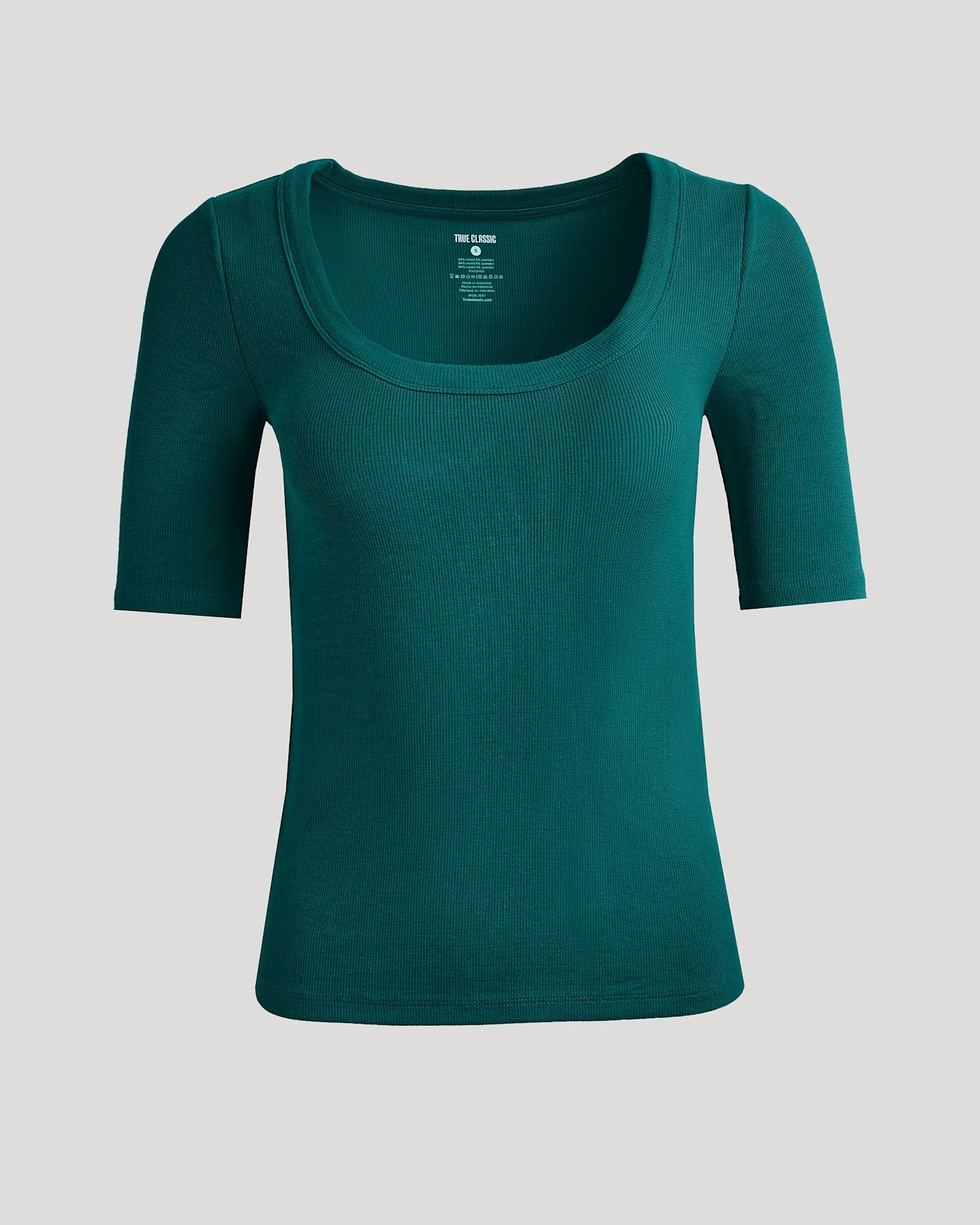Womens Deep Emerald Ribbed 3/4 Sleeve Scoop Neck Tee