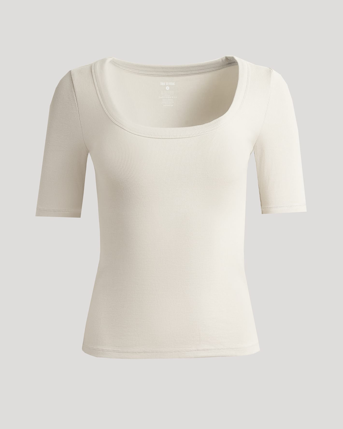 Womens Oatmeal Ribbed 3/4 Sleeve Scoop Neck Tee