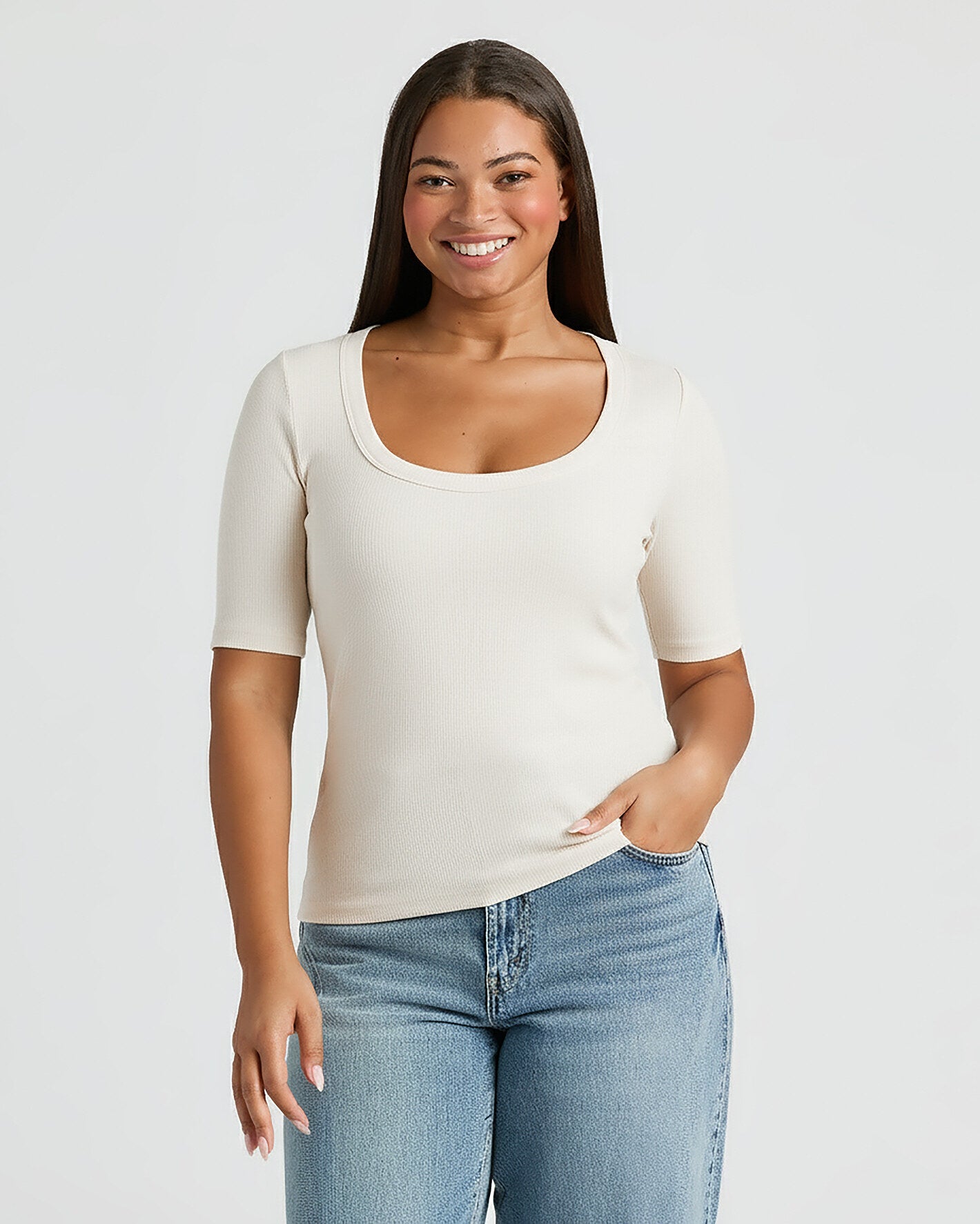 Womens Oatmeal Ribbed 3/4 Sleeve Scoop Neck Tee