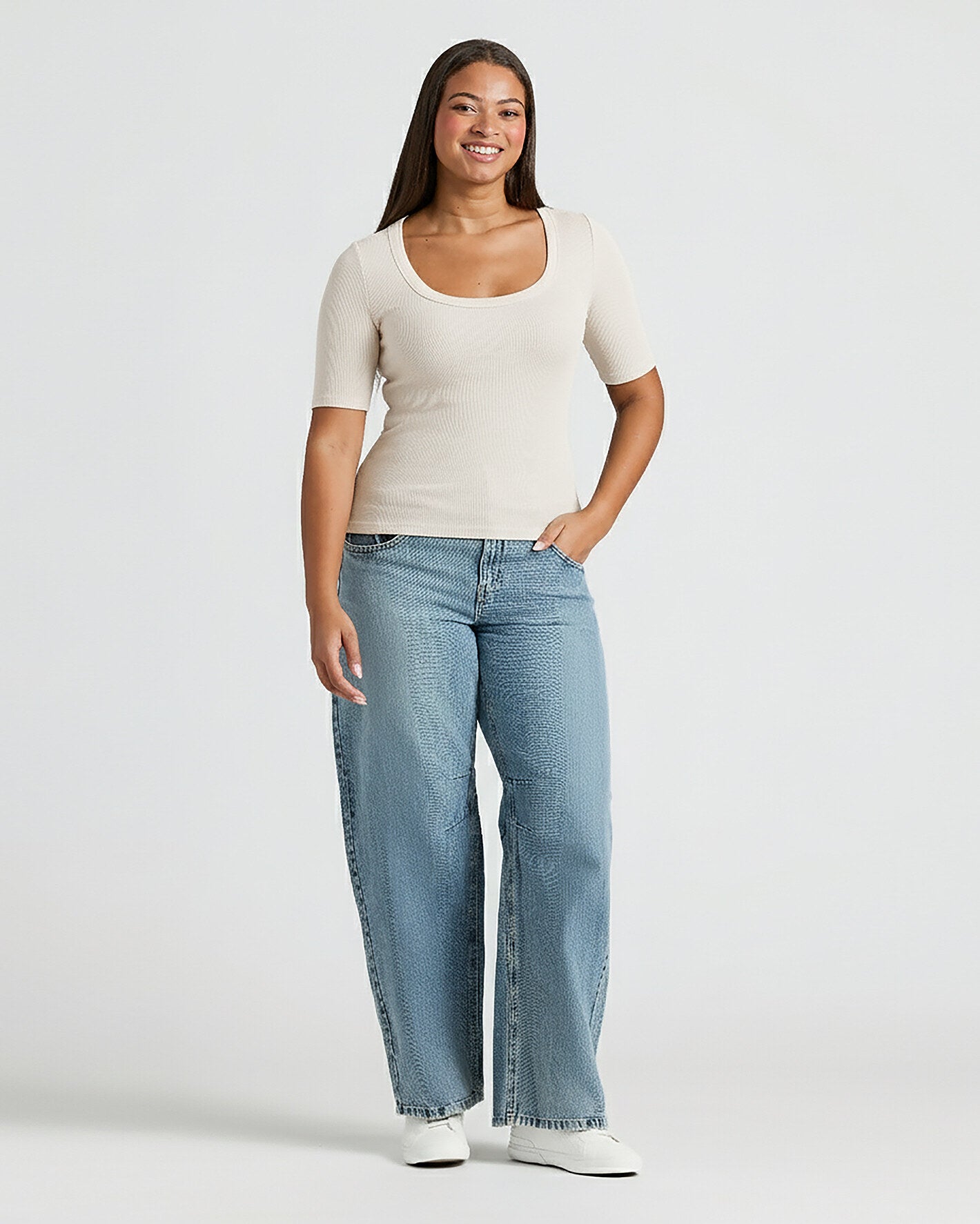 Womens Oatmeal Ribbed 3/4 Sleeve Scoop Neck Tee