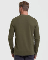 Military Green Waffle Long Sleeve Crew Neck