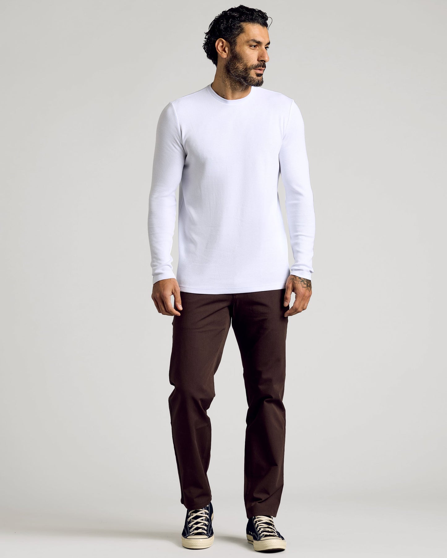 White Waffle Long Sleeve Crew Neck
