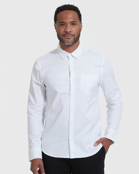 White Stretch Oxford Long Sleeve Button Up Shirt