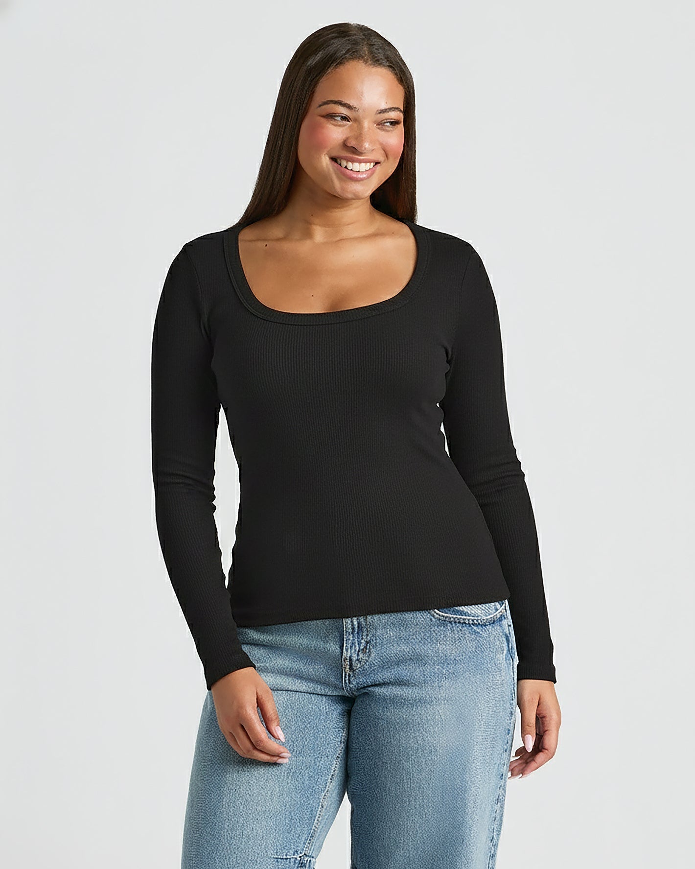 Womens Black Ribbed Long Sleeve Scoop Neck Tee
