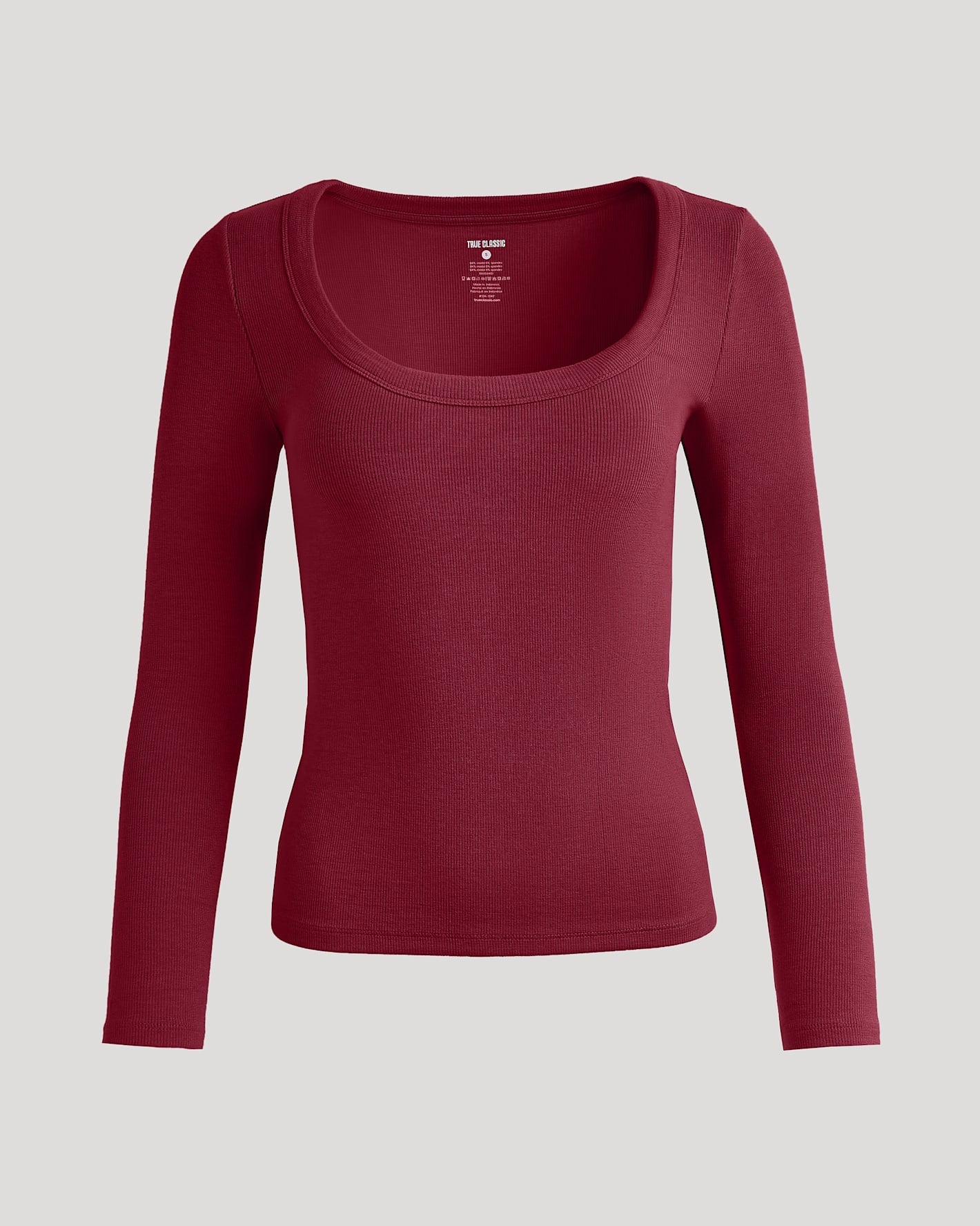 Womens Dark Maroon Ribbed Long Sleeve Scoop Neck Tee