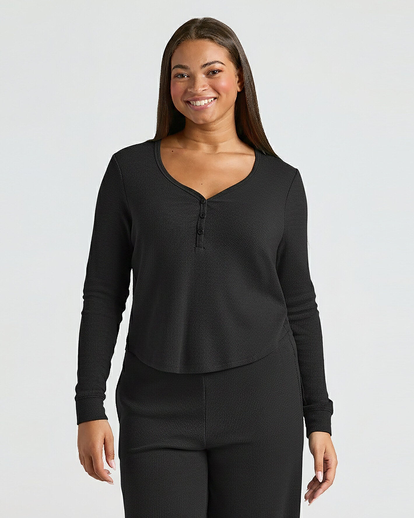 Womens Black Waffle Long Sleeve Boxy Henley