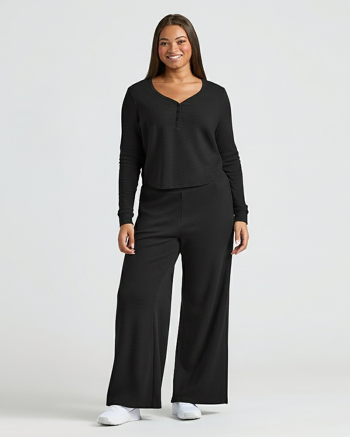 Womens Black Waffle Wide Leg Pants