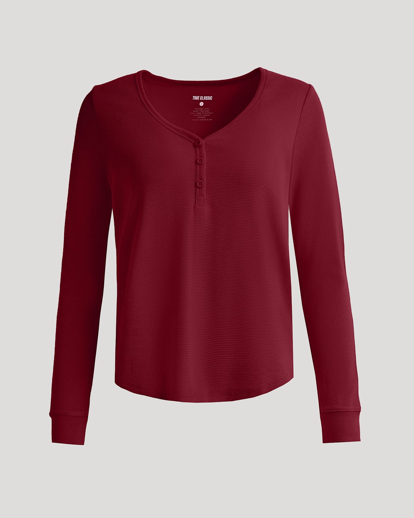 Womens Dark Maroon Waffle Long Sleeve Boxy Henley