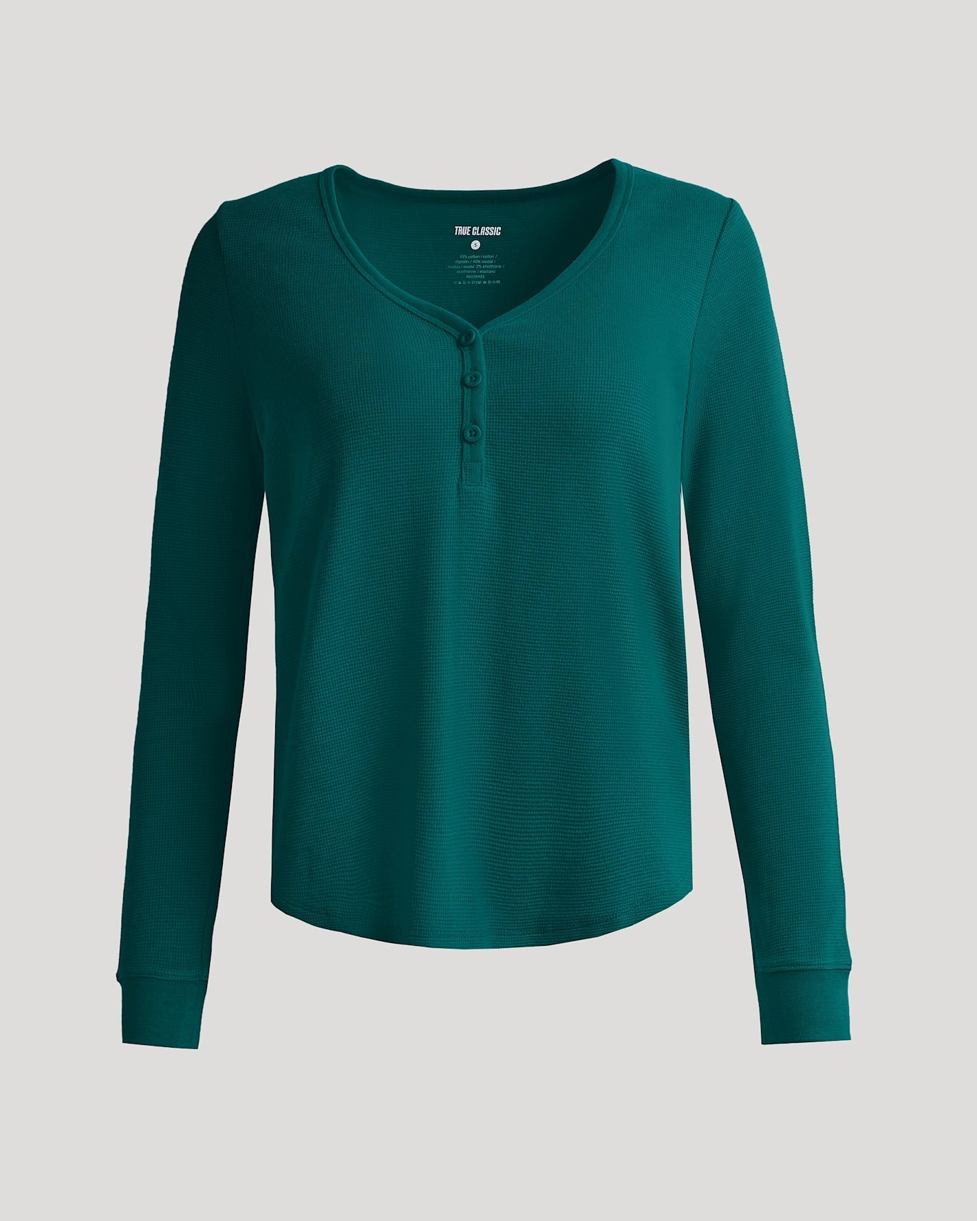 Womens Deep Emerald Waffle Long Sleeve Boxy Henley