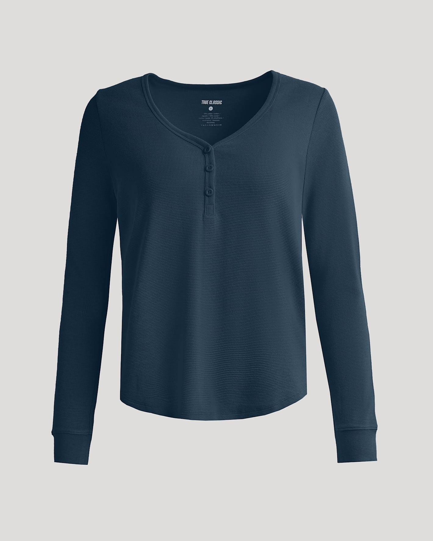 Womens Navy Waffle Long Sleeve Boxy Henley