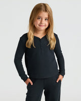 Girls Black Long Sleeve Boxy Waffle Henley