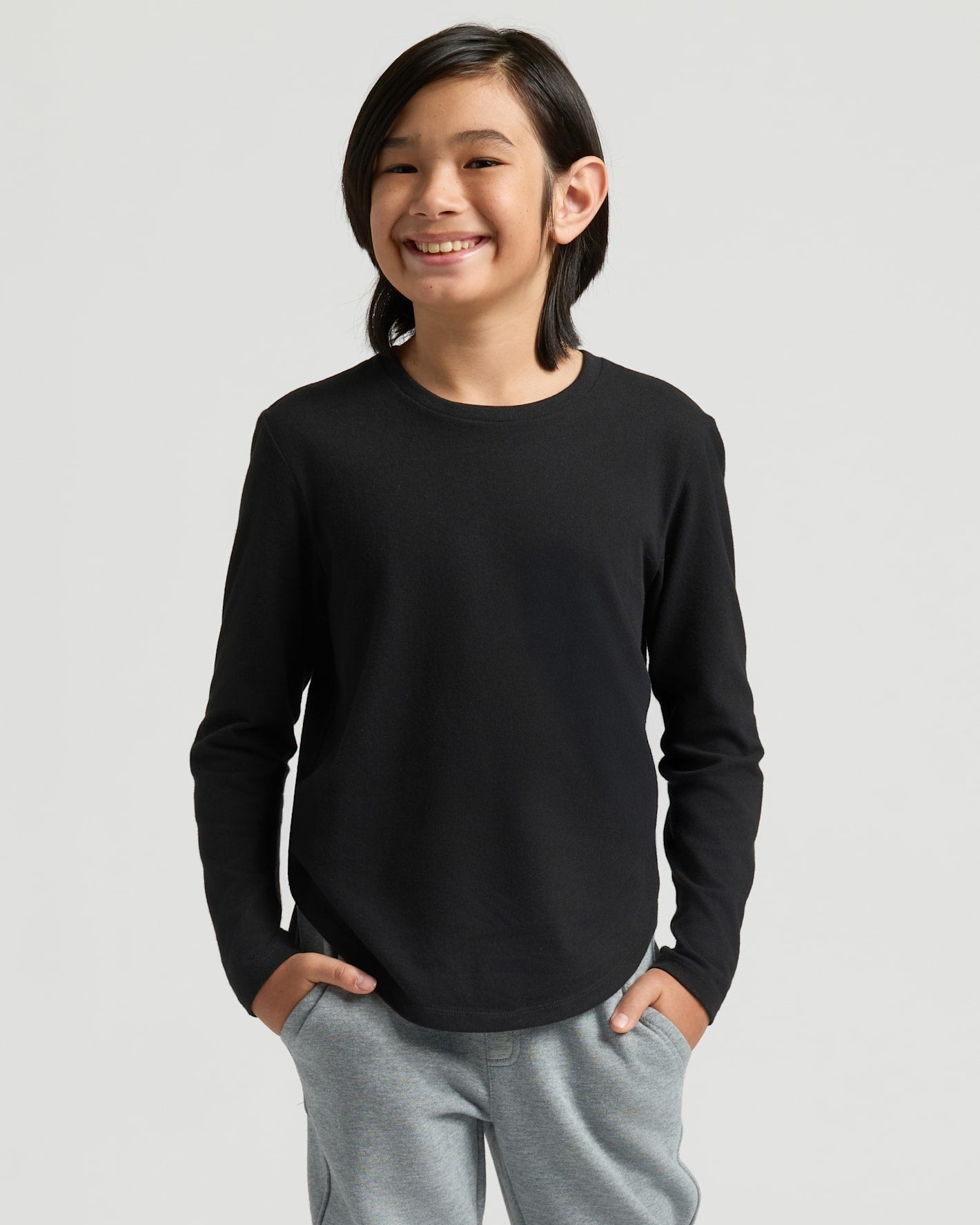 Boys' Black Classic Long Sleeve Curved Hem Crew