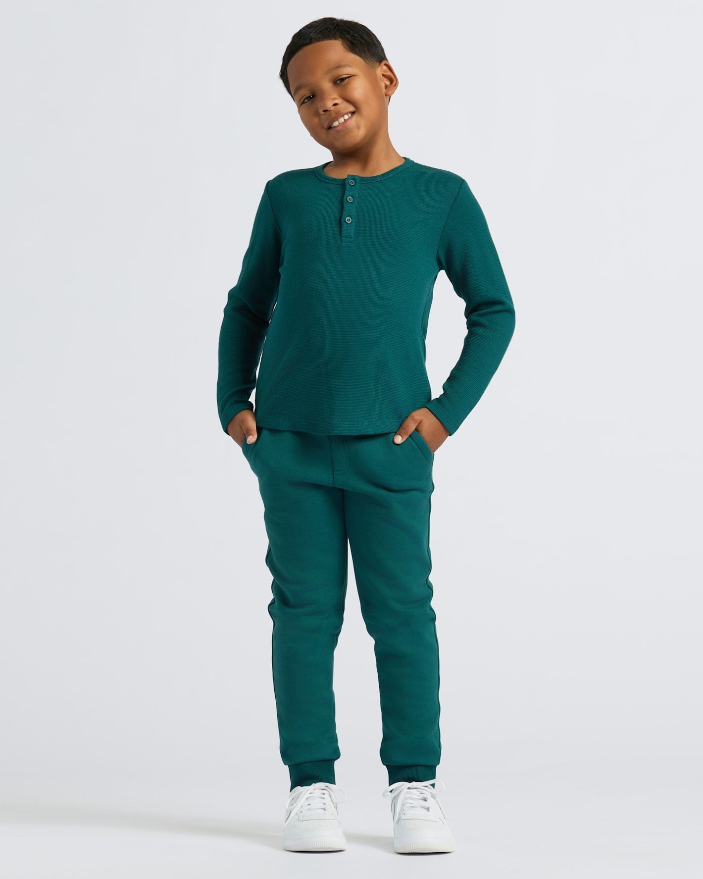 Boys Deep Emerald Long Sleeve Waffle Henley