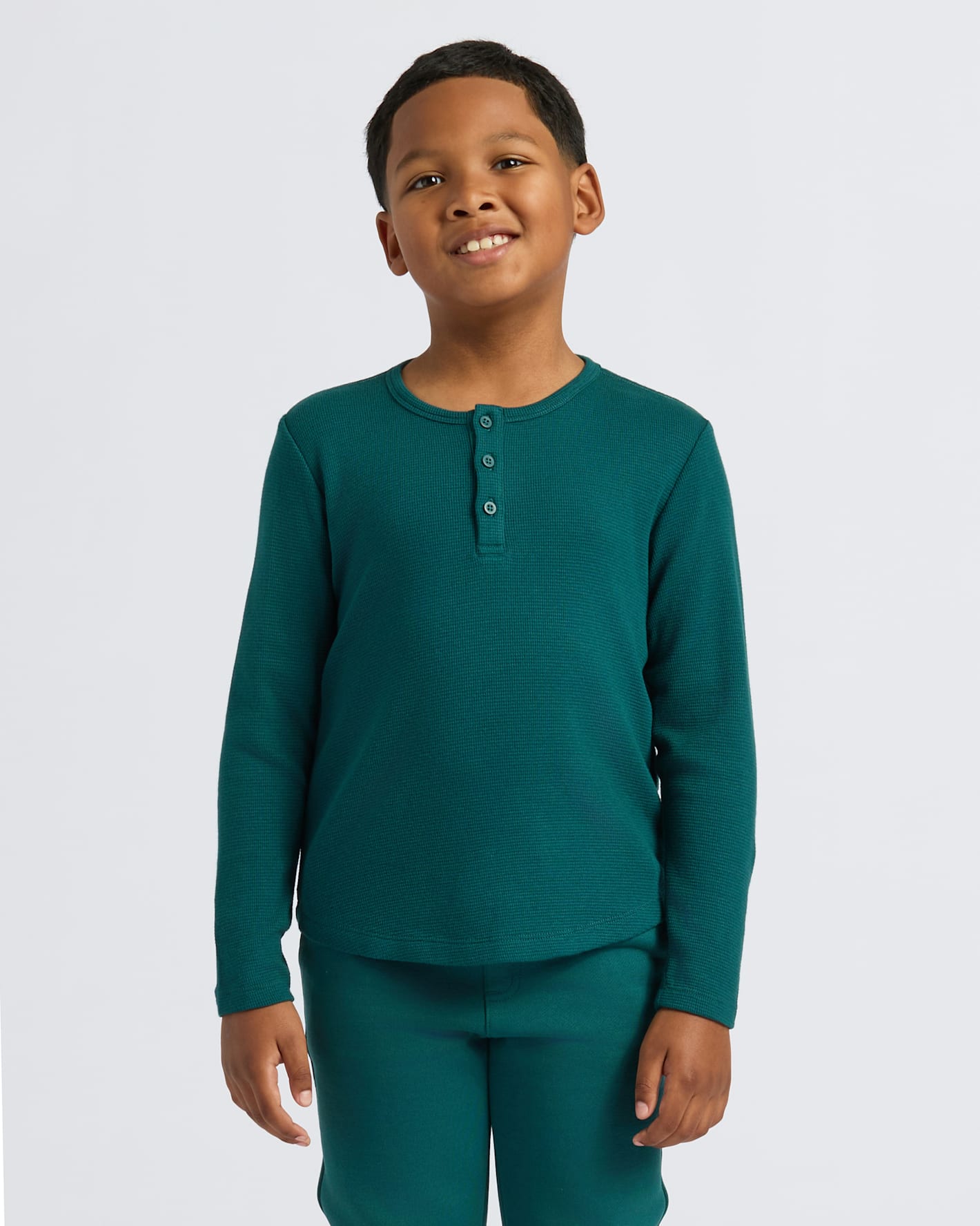Boys Deep Emerald Long Sleeve Waffle Henley