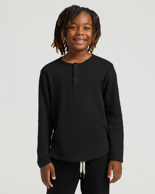 Boys Black Long Sleeve Waffle Henley