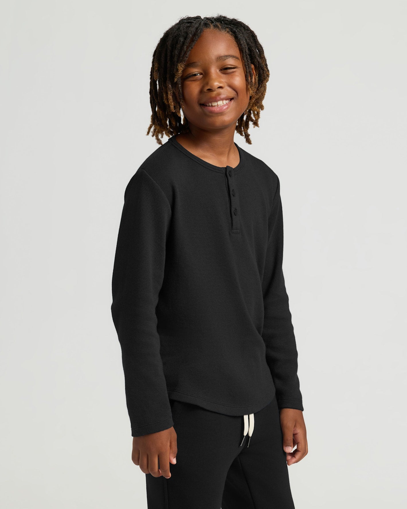 Boys Black Long Sleeve Waffle Henley