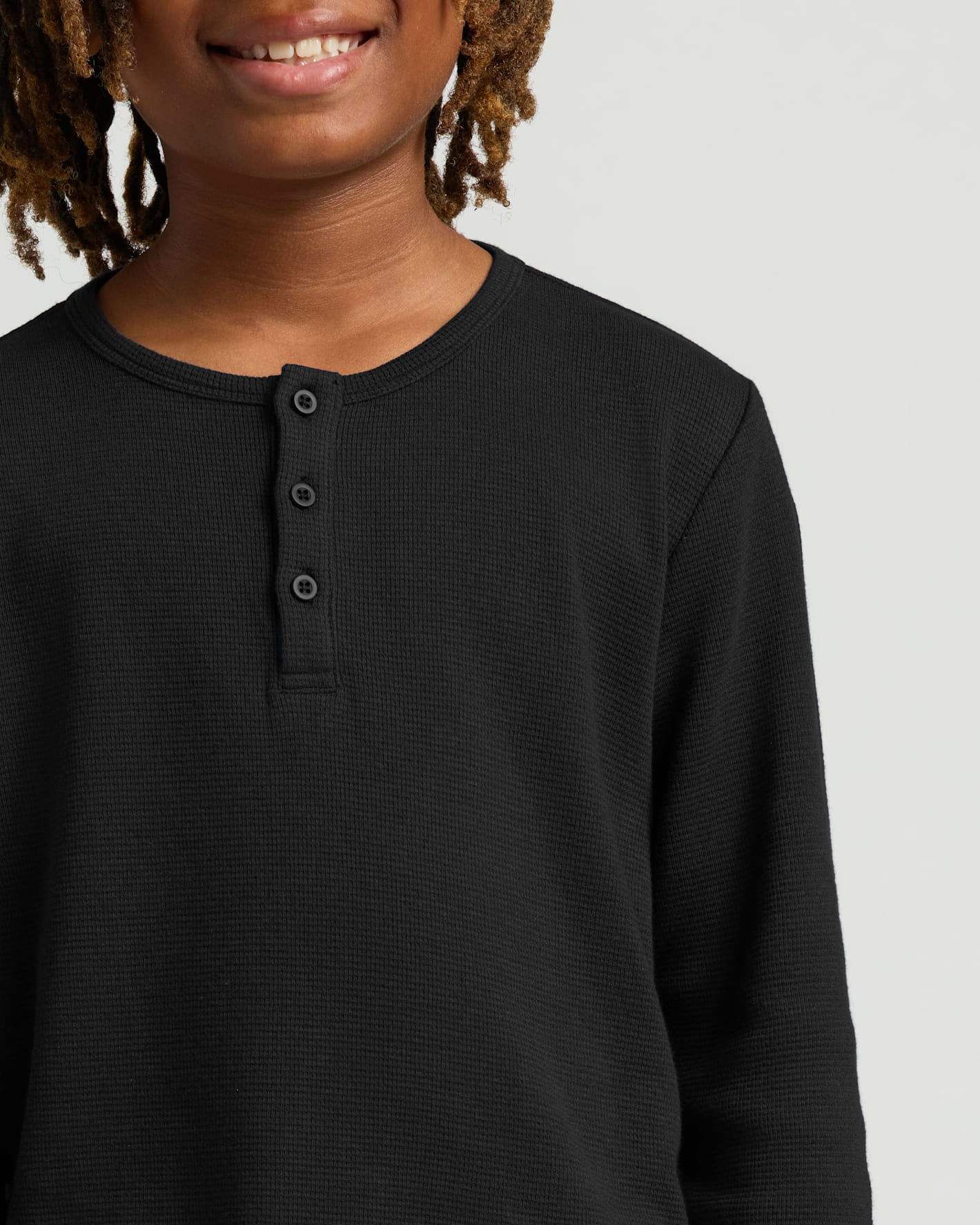Boys Black Long Sleeve Waffle Henley