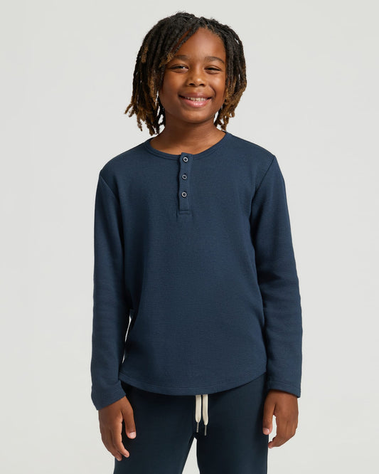 Boys Navy Long Sleeve Waffle Henley