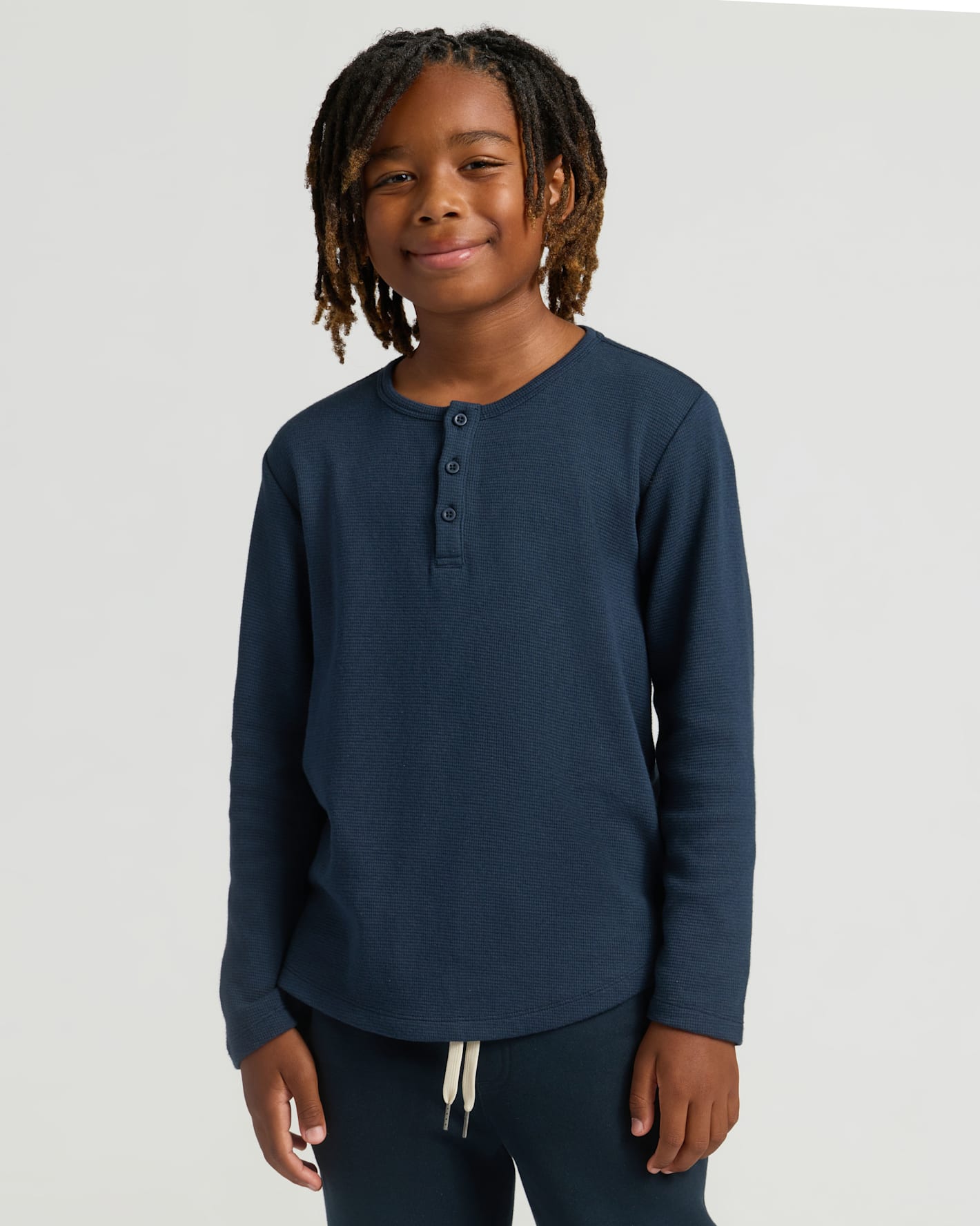 Boys Navy Long Sleeve Waffle Henley