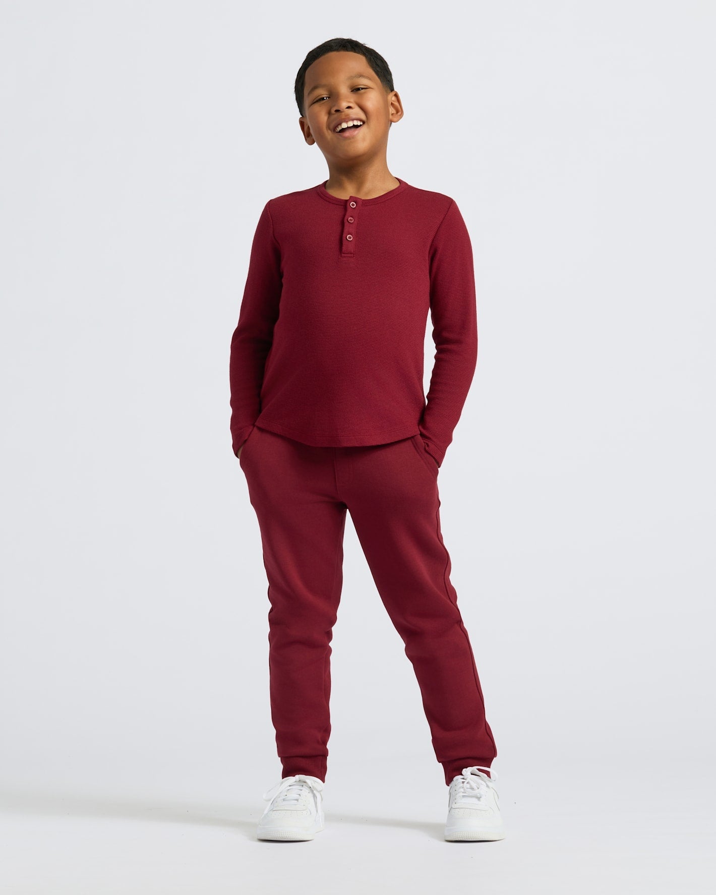 Boys' Dark Maroon Long Sleeve Waffle Henley
