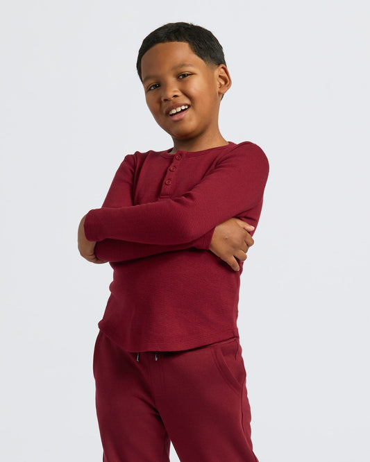 Boys' Dark Maroon Long Sleeve Waffle Henley