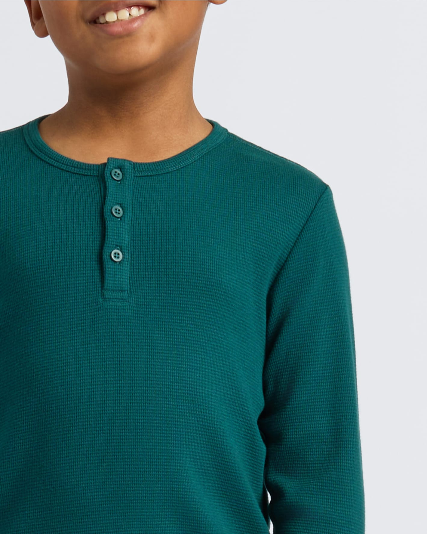 Boys Deep Emerald Long Sleeve Waffle Henley