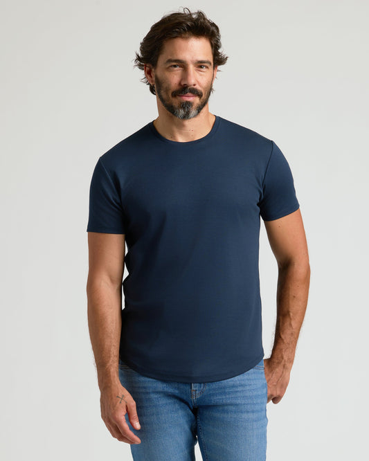 Navy Pima Crew Curved Hem