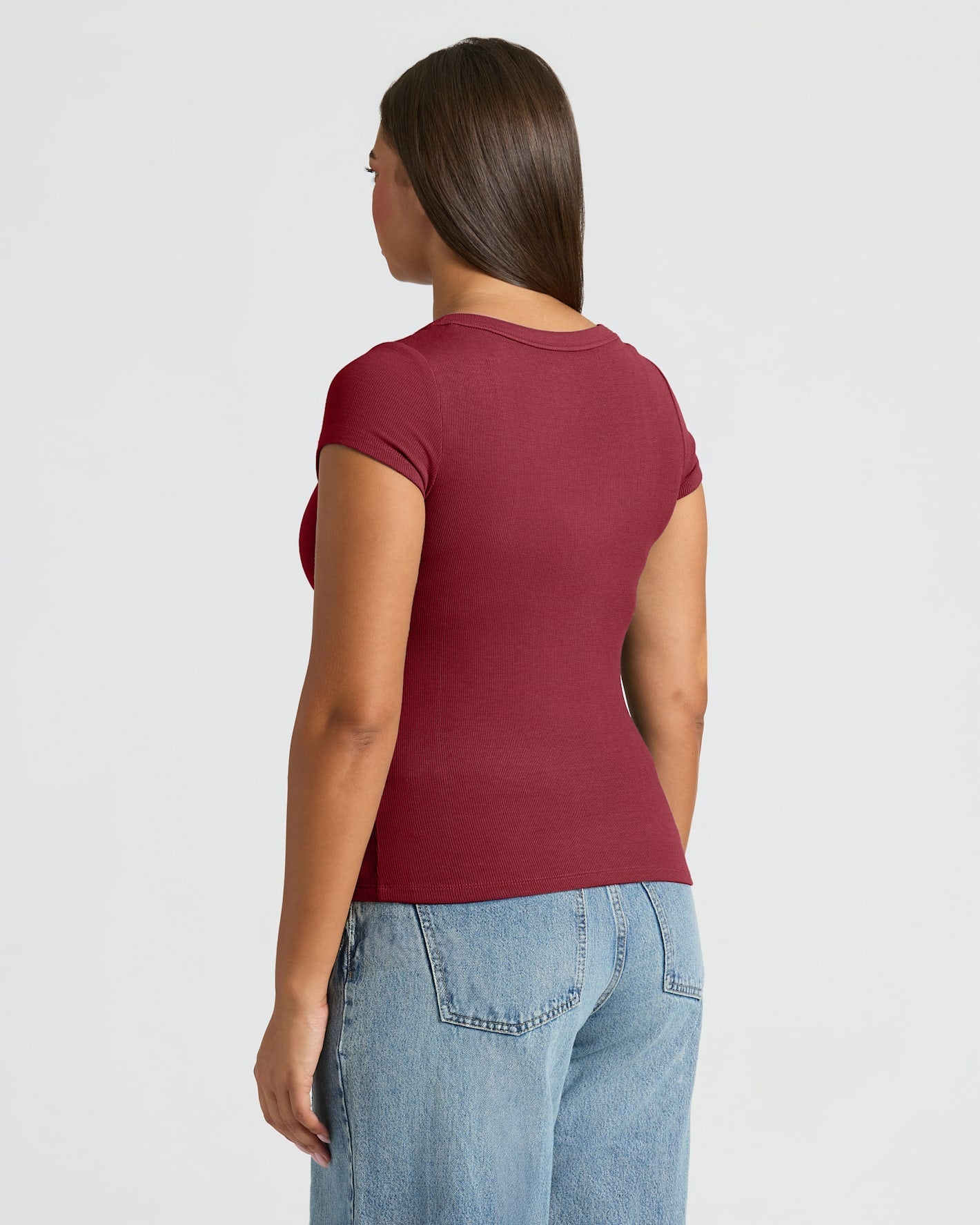 Womens Dark Maroon Ribbed U-Neck Tee