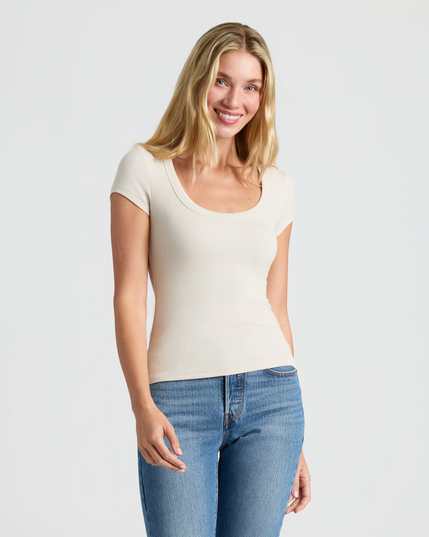 Womens Oatmeal Ribbed U-Neck Tee