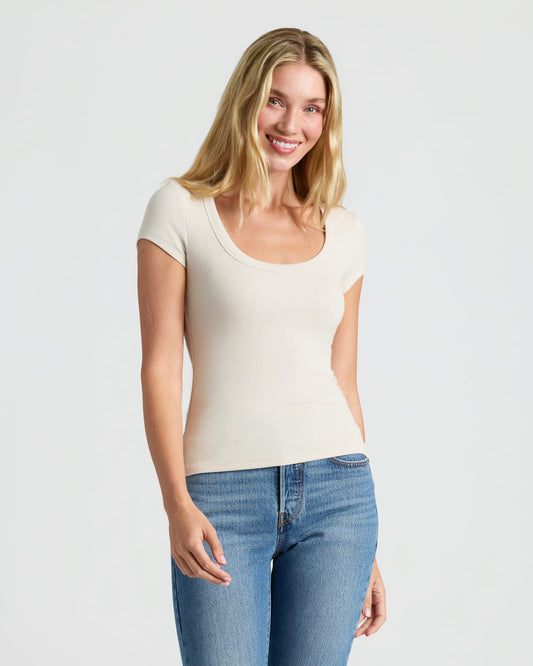 Womens Oatmeal Ribbed U-Neck Tee