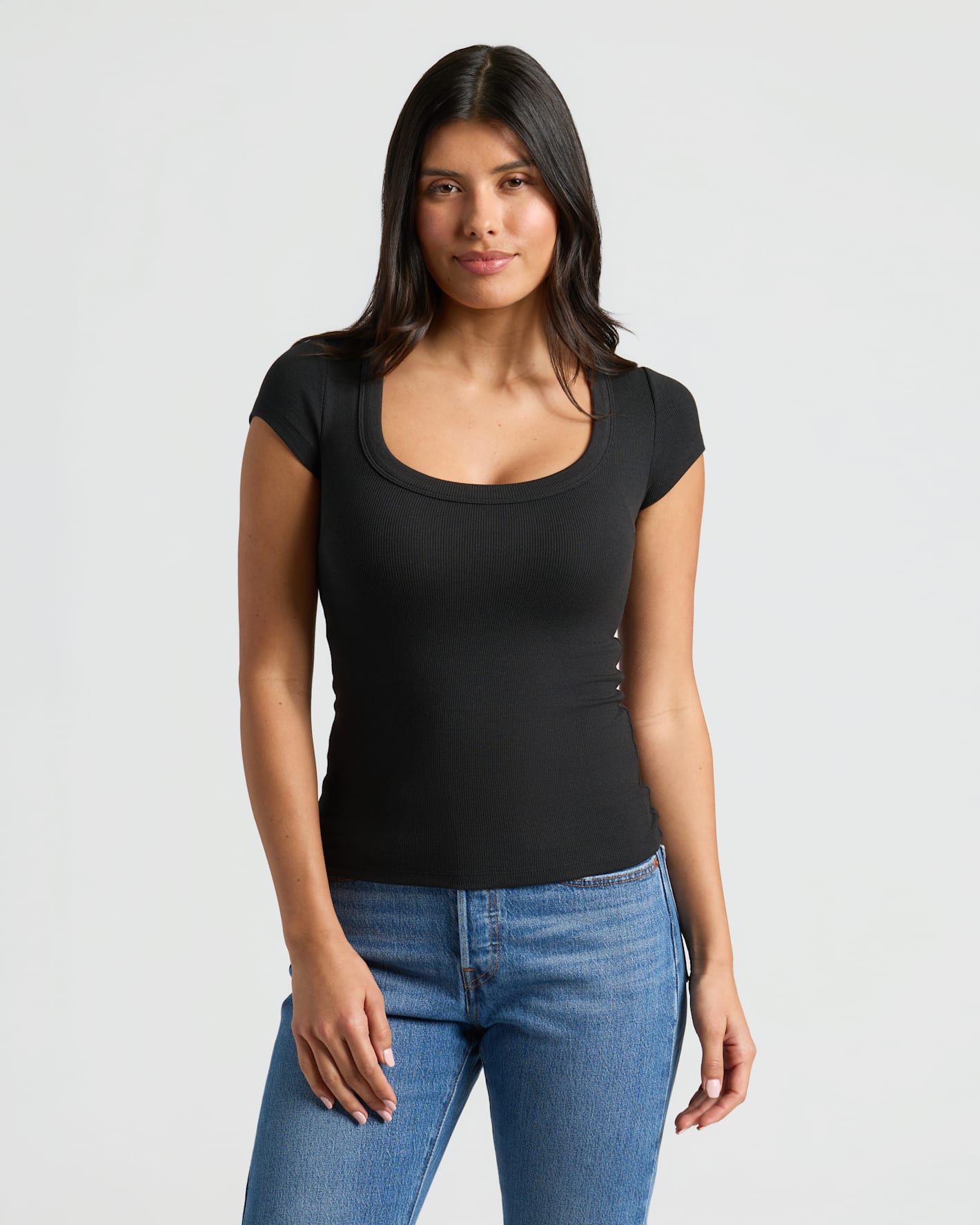 Womens Black Ribbed U-Neck Tee