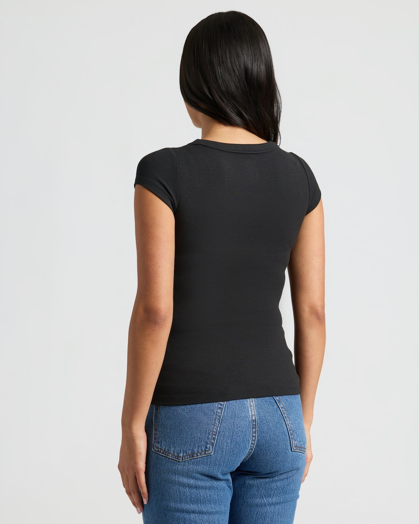 Womens Black Ribbed U-Neck Tee