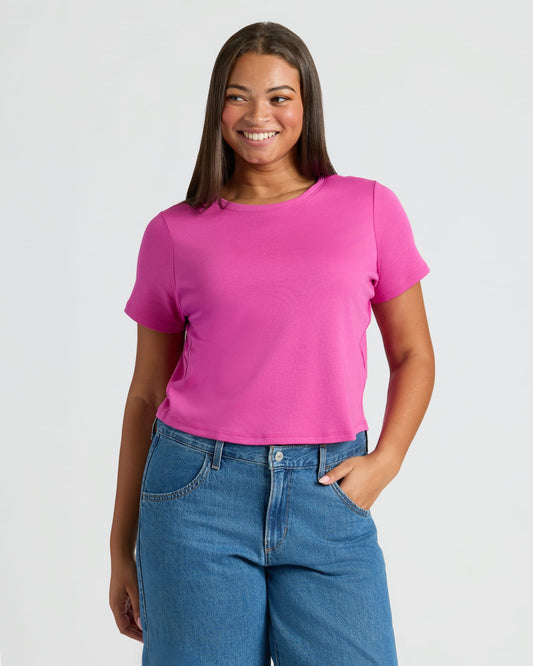 Womens Electric Fuchsia Cropped Boxy Crew Neck Tee