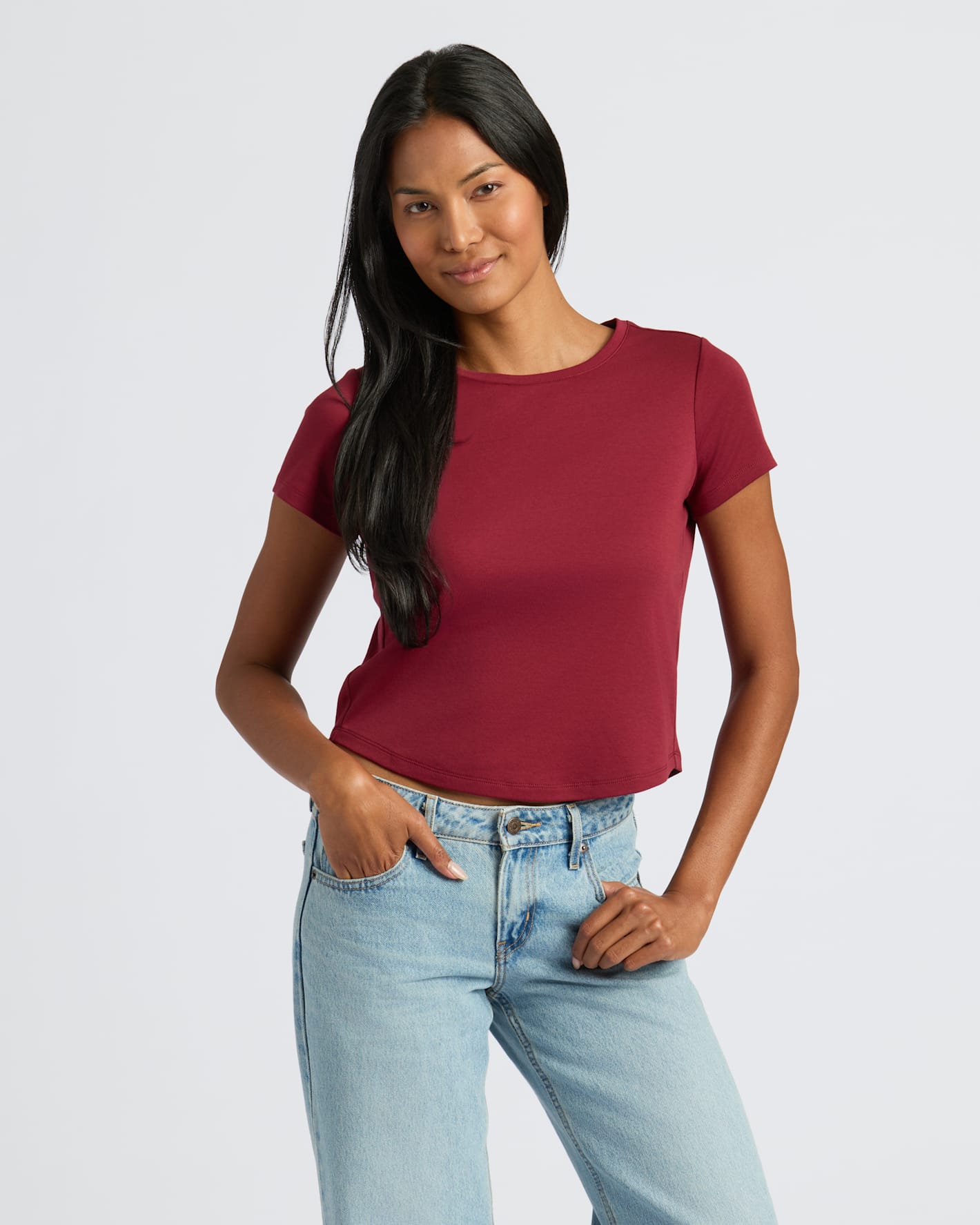 Womens Dark Maroon Cropped Boxy Crew Neck Tee