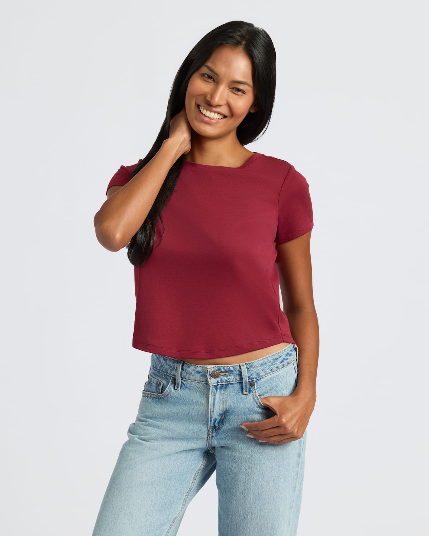 Womens Dark Maroon Cropped Boxy Crew Neck Tee