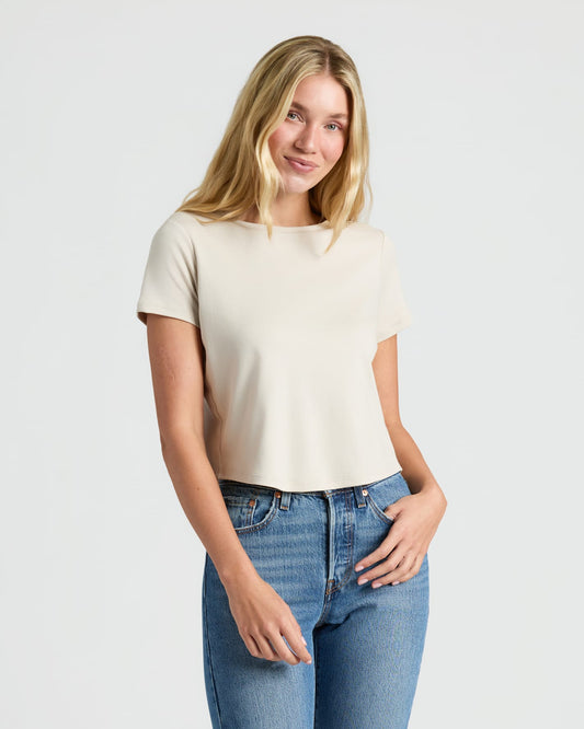 Womens Oatmeal Cropped Boxy Crew Neck Tee