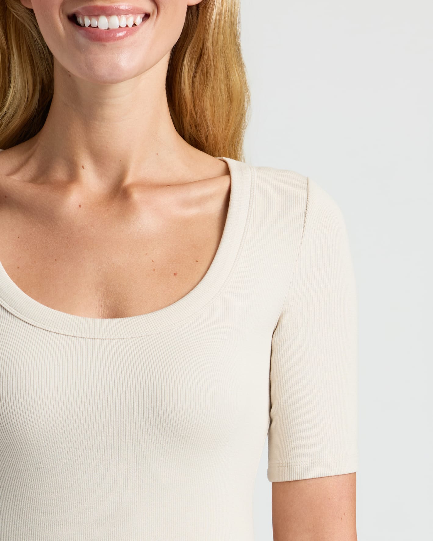 Womens Oatmeal Ribbed 3/4 Sleeve Scoop Neck Tee