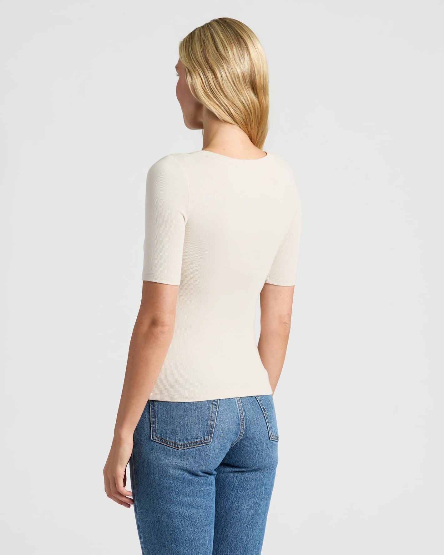 Womens Oatmeal Ribbed 3/4 Sleeve Scoop Neck Tee