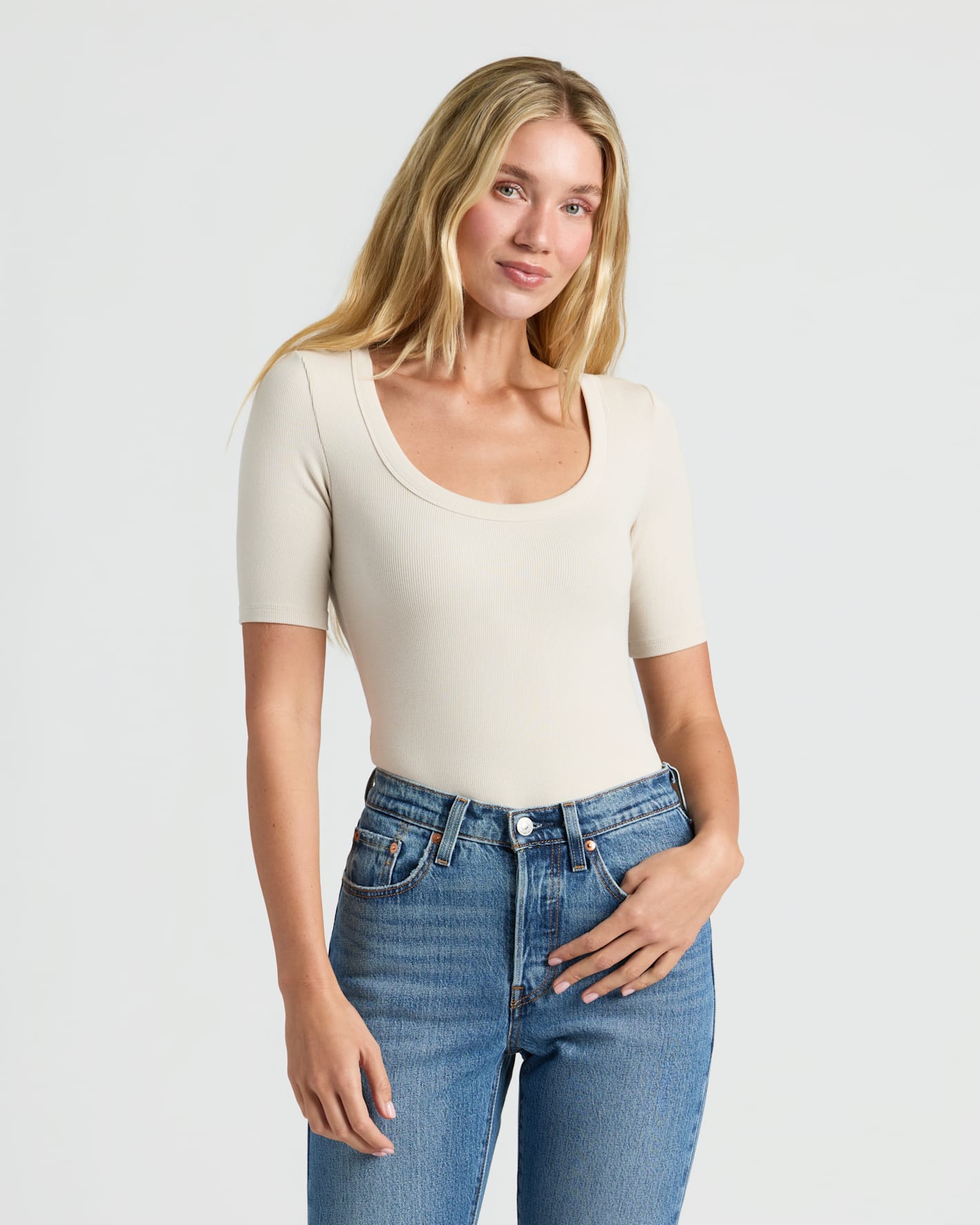Womens Oatmeal Ribbed 3/4 Sleeve Scoop Neck Tee