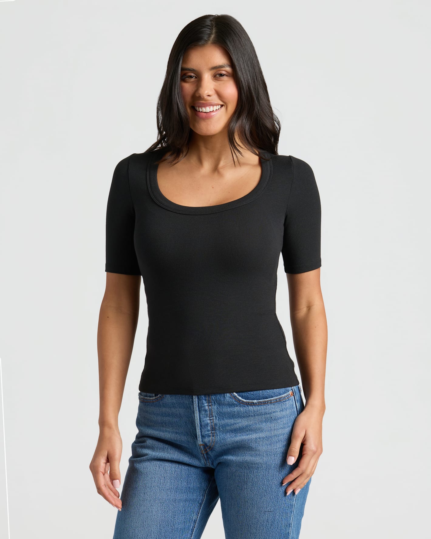 Womens Black Ribbed 3/4 Sleeve Scoop Neck Tee